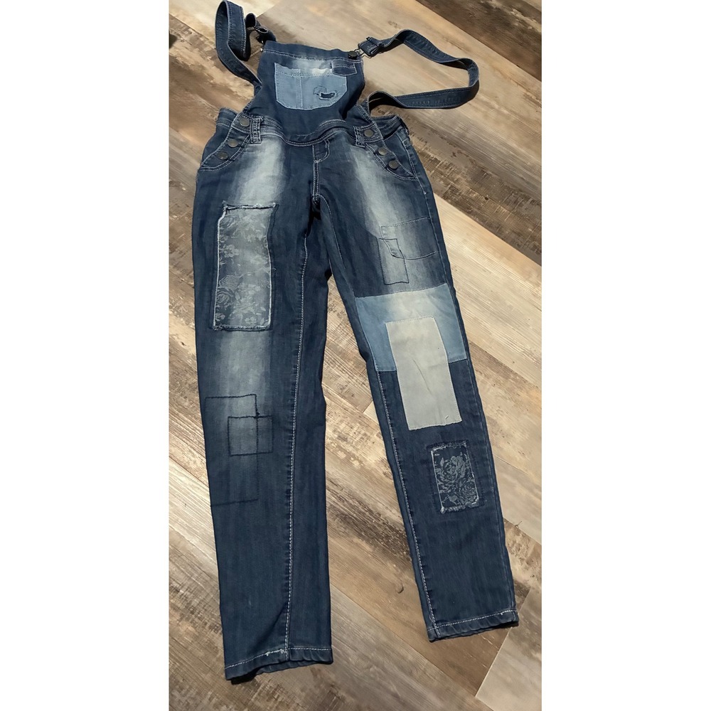 Womens Patchwork Denim Overalls Medium Wash Floral Embroidered Bib Overalls 1/2